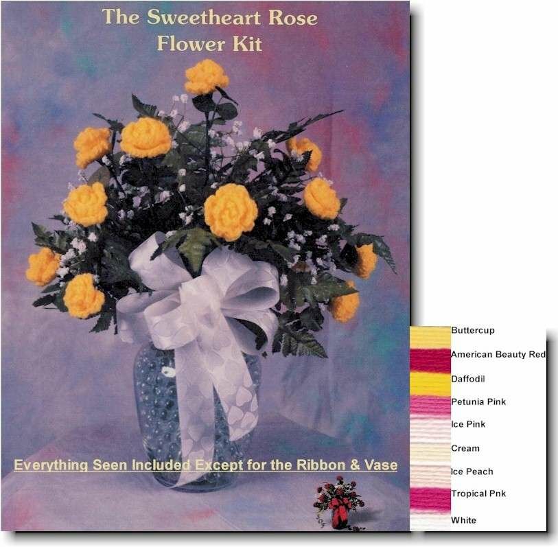 The Sweetheart Rose Crocheted Flower Kit - Kit includes enough yarn for up to 13 crocheted roses Floral Tape Leaves Fern Babies Breath and a Floral Arrangement Book